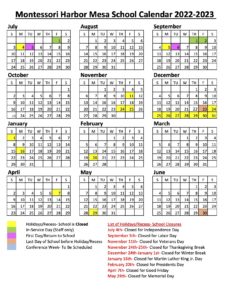 School Calendar | Montessori Harbor-Mesa