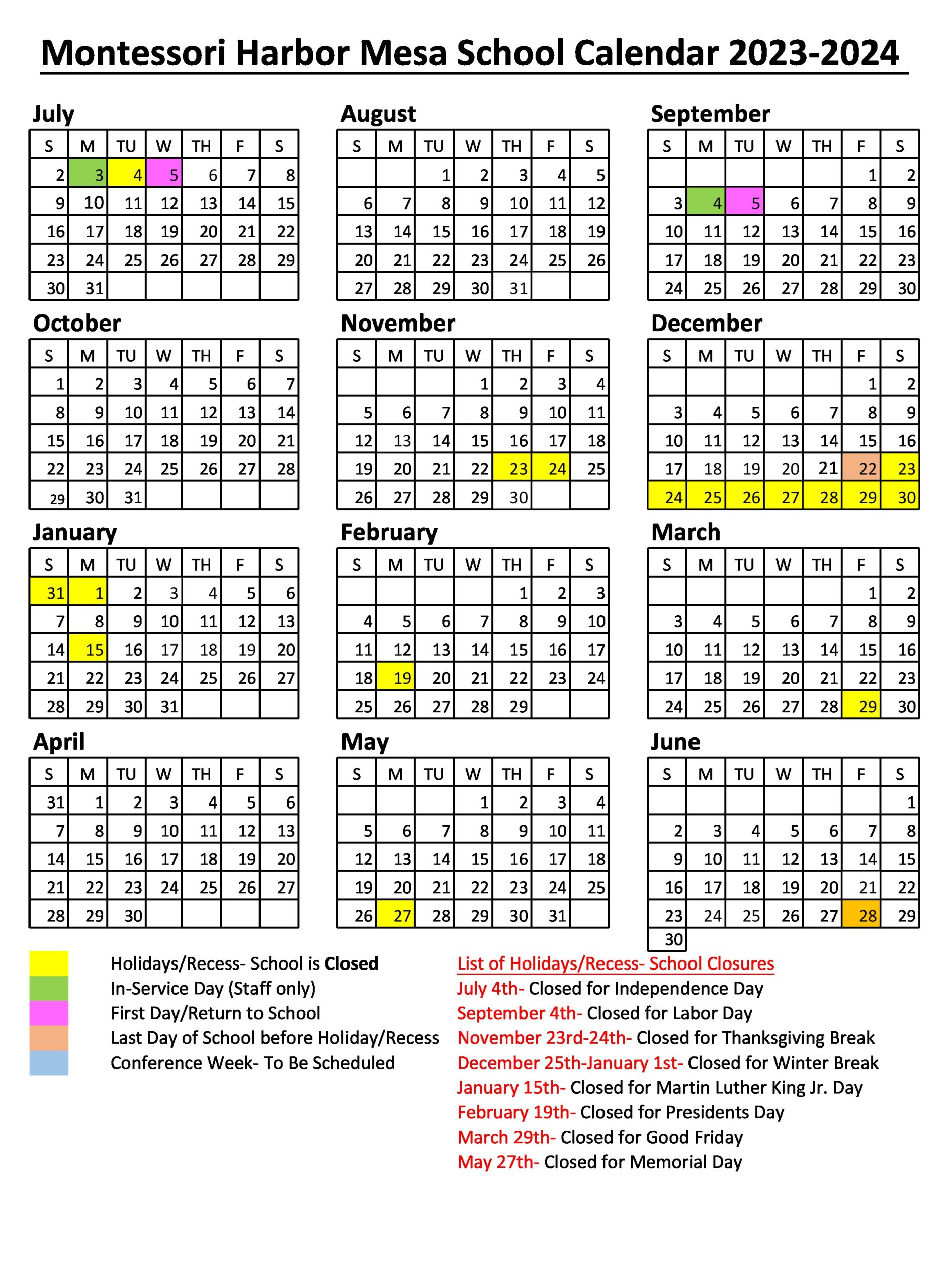 School Calendar | MONTESSORI HARBOR-MESA SCHOOL